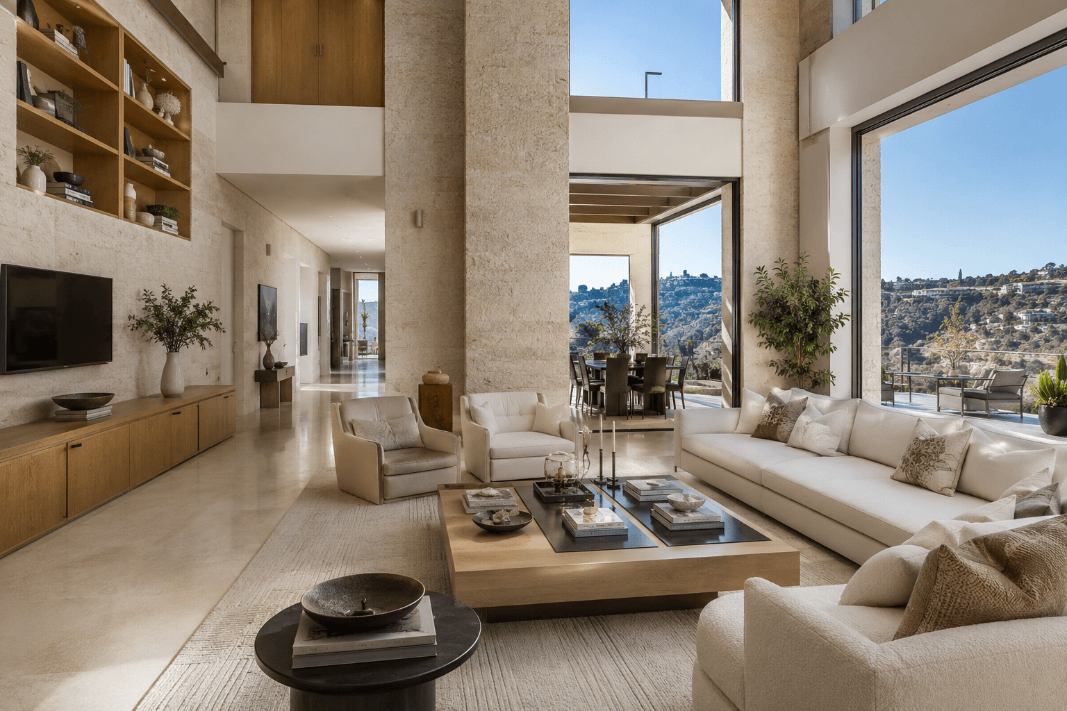 Intérieur de villa avec double hauteur et vue sur Jérusalem